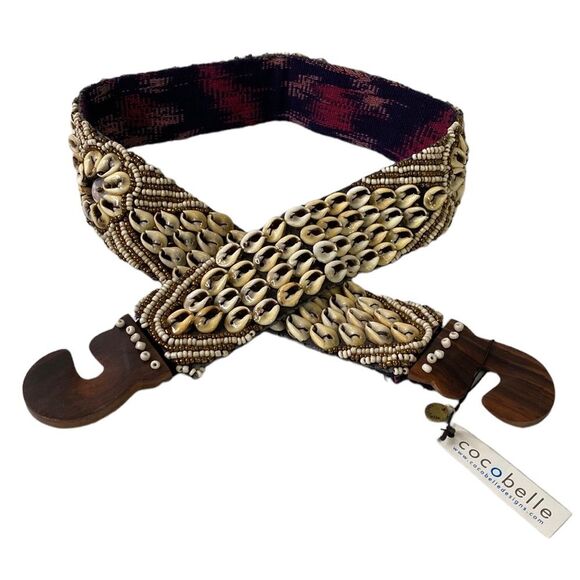 Anthropologie Cocobelle Komodo Papua Shells Beaded Embellish Belt Wooden Clasp - Picture 1 of 9